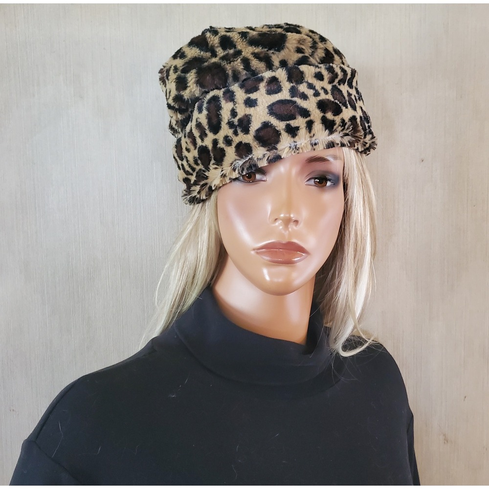 Chic Faux Fur Leopard Print Beanie Hat Women Brown Tan Animal Print Slouchy